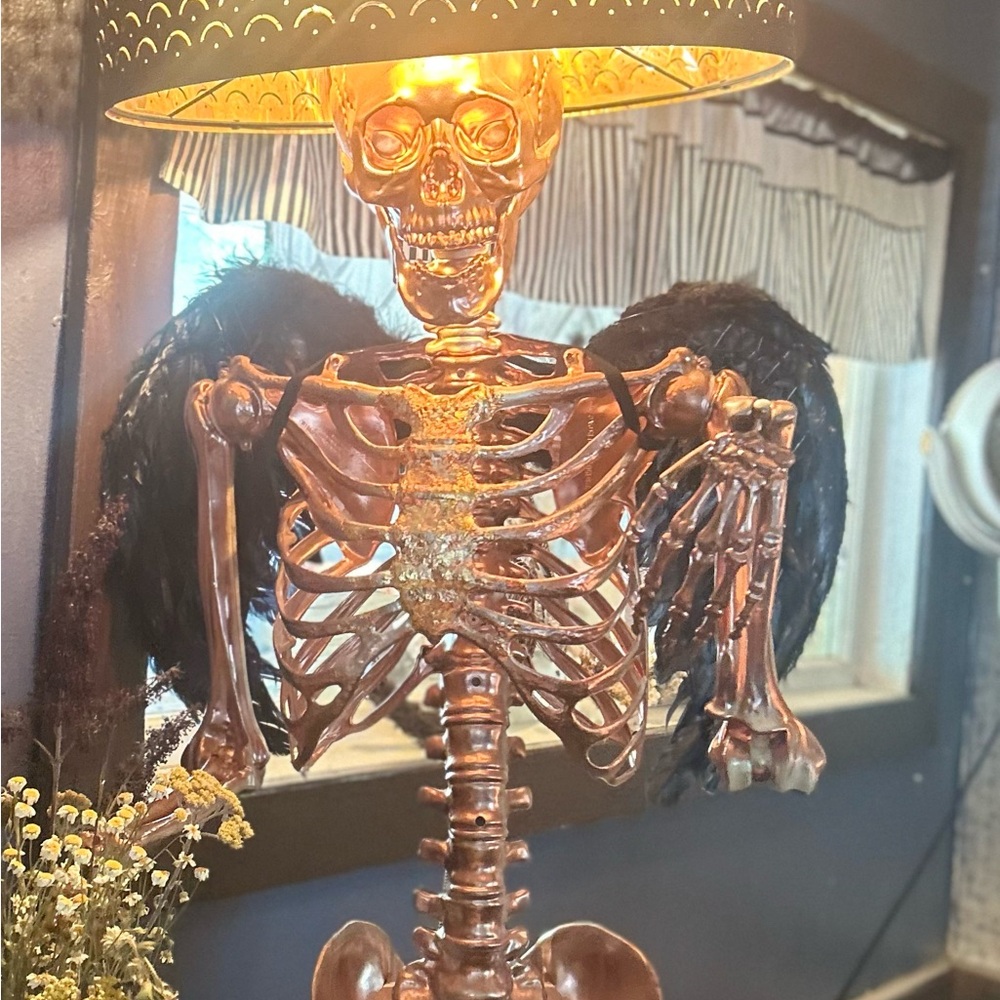 Metallic Copper Skeleton Lamp with Black Feather Wings